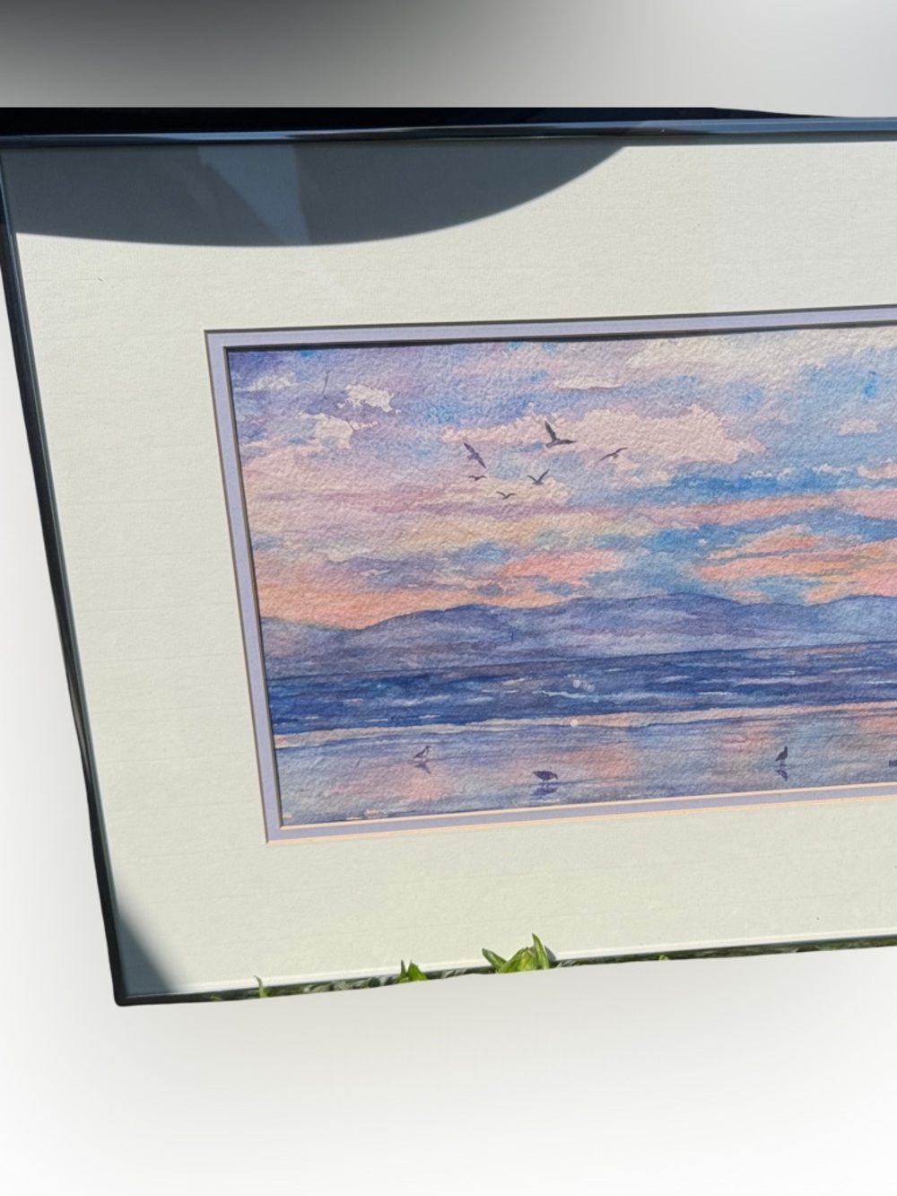 Framed Seascape Watercolor Painting – Pastel Blue & Pink